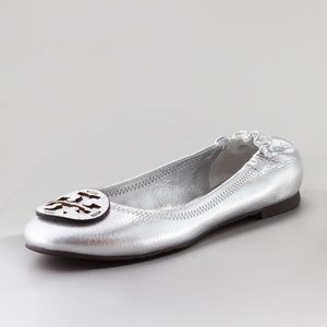 Tory Burch Silver Metallic Reva Ballerina Flat 5.5